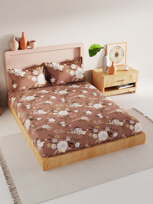BIANCA Brown & White Floral 186 TC King Bedsheet with 2 Pillow Covers - Swadesiicart