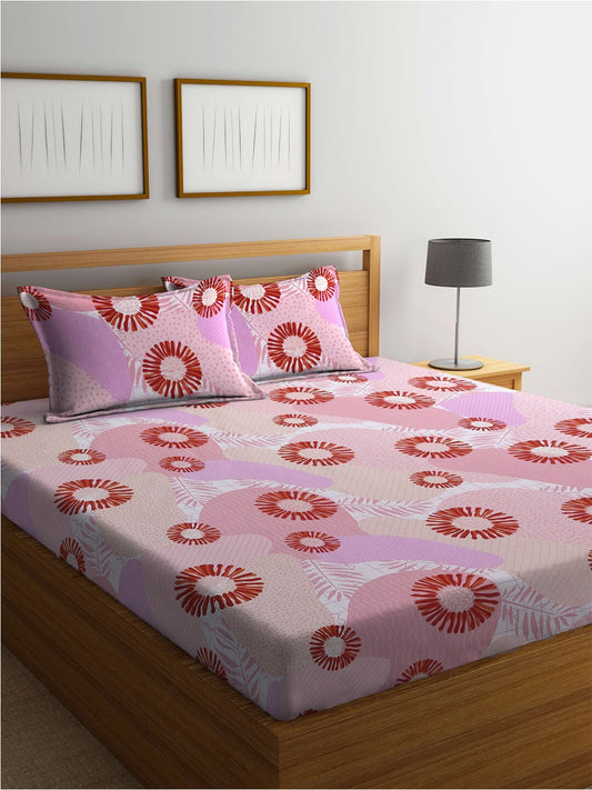BOMBAY DYEING Serenita Pink Printed Cotton 144 TC King Bedsheet with 2 Pillow Covers - Swadesiicart
