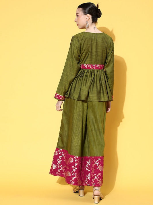 InWeave Women's Olive Pink Brocade Mughal Shaan Kurta Palazzo Set - Swadesiicart
