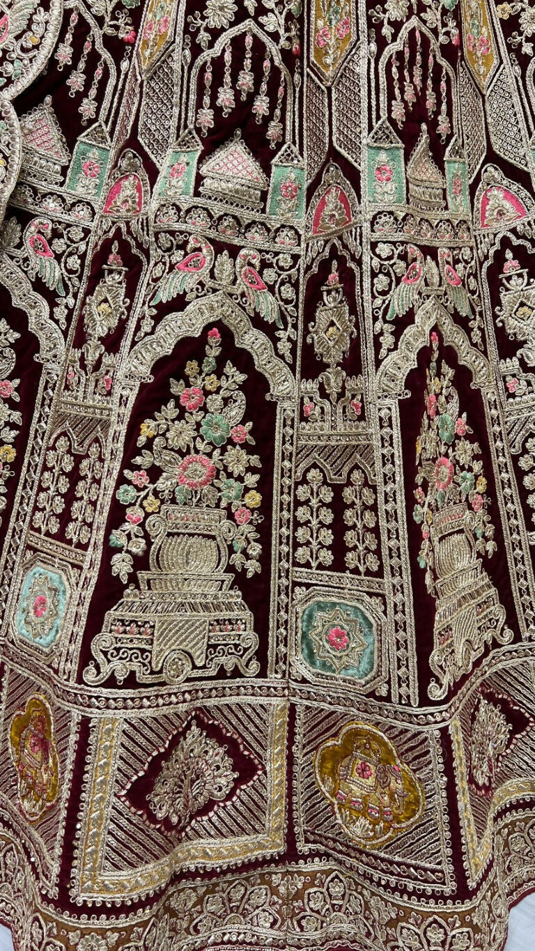 Jyoti Fashion Women's Maroon Velvet Dori, Multi Thread Embroidered with Diamond Work Wedding Lehenga Choli | Swadesiicart
