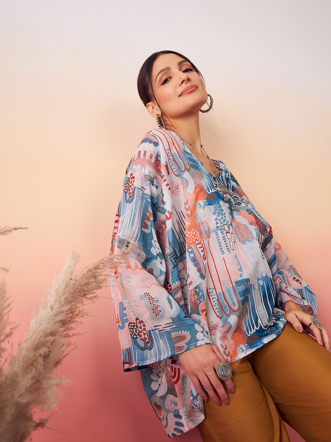 InWeave Women's Powder Blue Digital Print Kaftan Boho Top - Swadesiicart