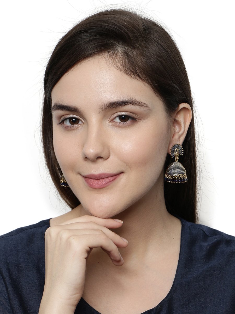 Anikas Creation Gold-Polished & Blue Enamelled Peacock Shaped Jhumkas - Swadesiicart