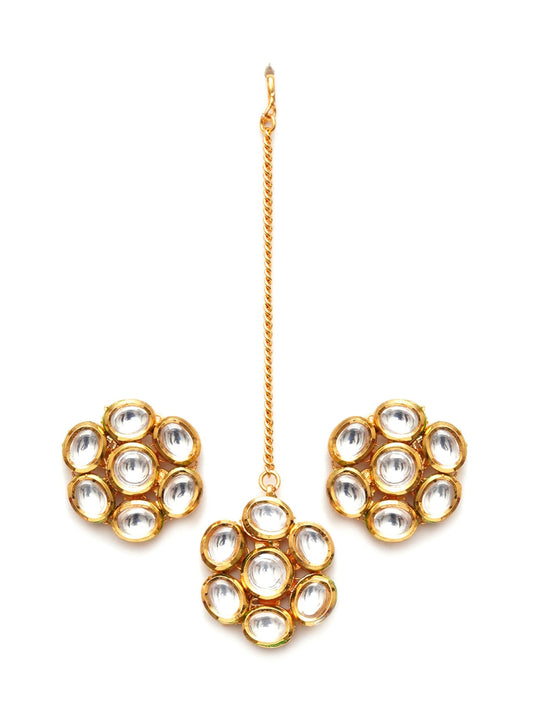 Kundan Round Maang Tikka with Studs Jewellery Set (Gold) - Ruby Raang - Swadesiicart