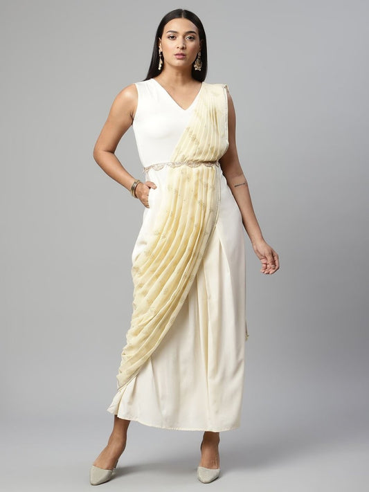Ahalyaa Women Off White Crepe Georgette Saree Dress With Printed Pallu | Swadesiicart