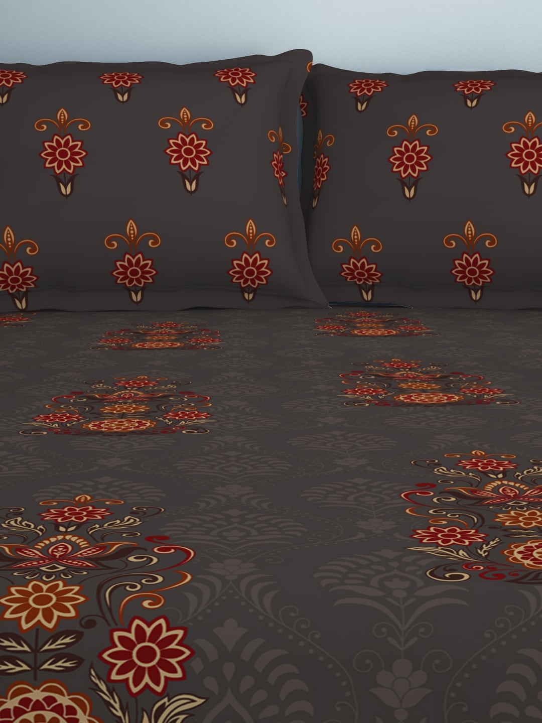 SPACES Aurum Grey Ethnic Motifs Pure Cotton 140 TC Queen Bedsheet with 2 Pillow Covers - Swadesiicart