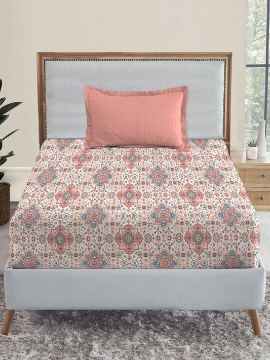 MYTRIDENT Dusk and Dawn Pink Ethnic Motifs Cotton 144 TC Single Bedsheet with 1 Pillow Cover - Swadesiicart