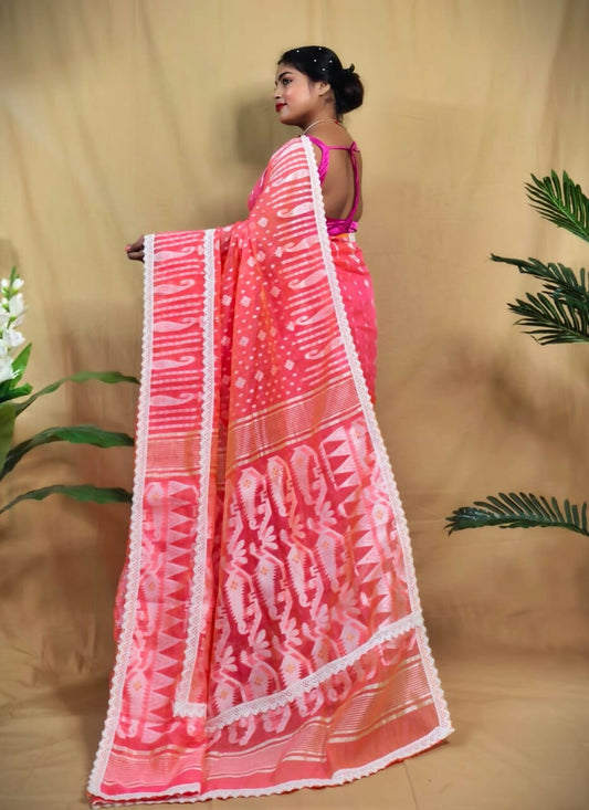 Exclusive Collection Beautiful Peach Jaal Jamdani Saree - Swadesiicart