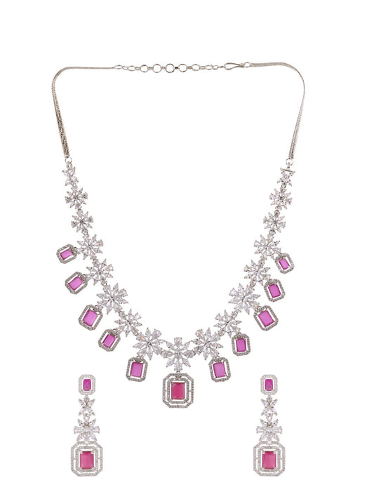 Saraf RS Jewellery Rhodium-Plated Pink AD studded Jewellery Set - Swadesiicart