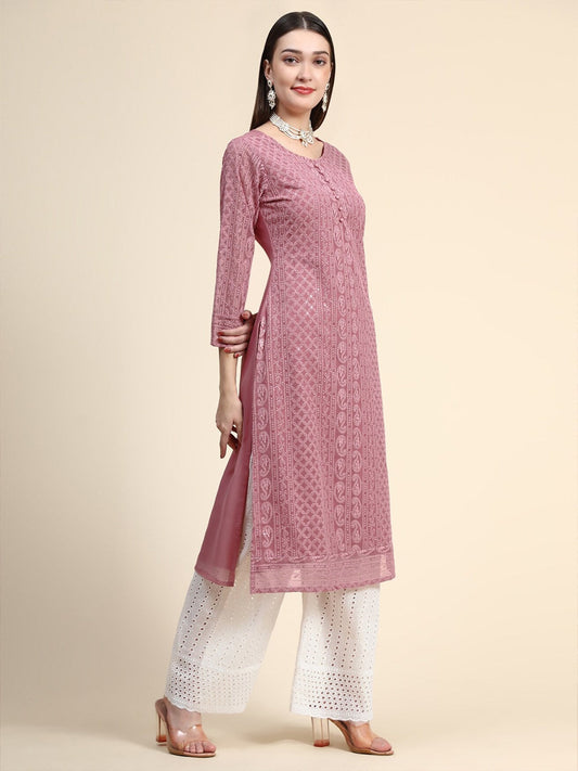 Kalini Round Neck Paisley Embroidered Chikankari Georgette Kurta | Swadesiicart