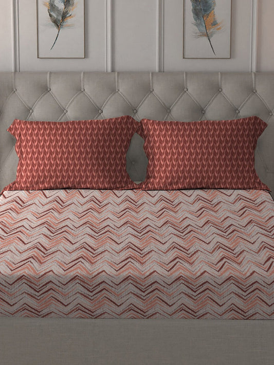 MYTRIDENT Peach Maroon Geometric Pure Cotton 144 TC Queen Bedsheet Pillow Covers - Swadesiicart