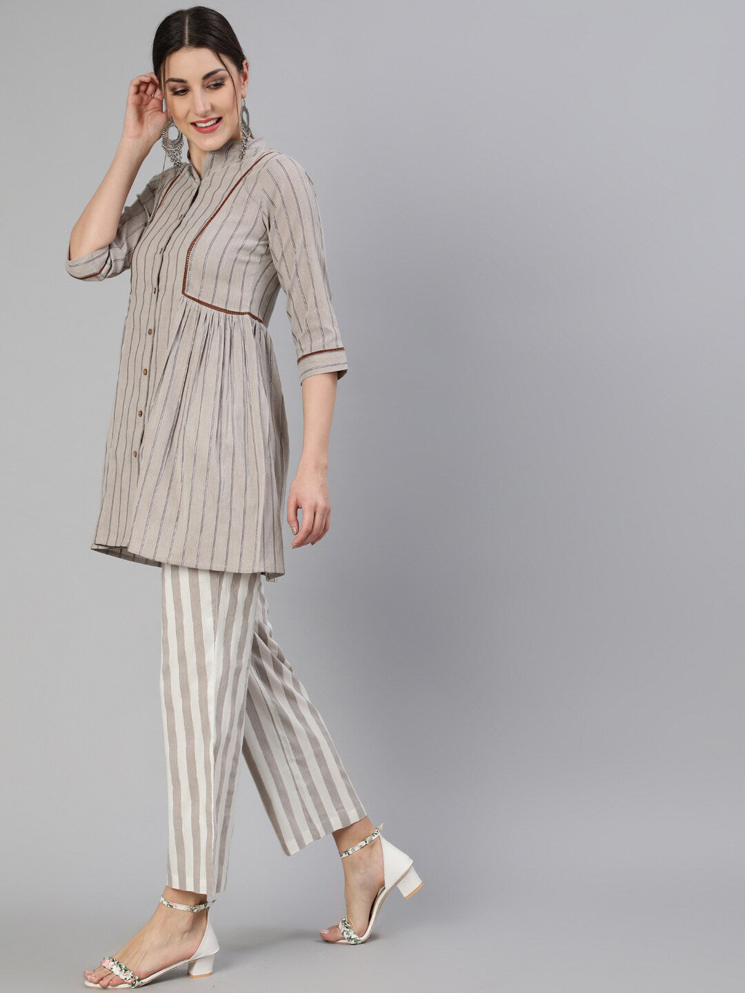 Jaipur Kurti Women Grey Striped Co-Ords - Swadesiicart