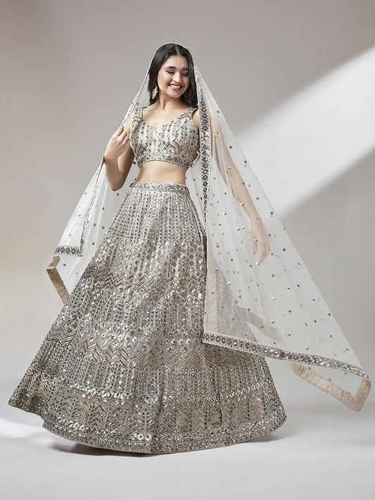 House of Panchhi Beige - Net Mirror & Sequins Embroiderey Lehenga choli | Swadesiicart