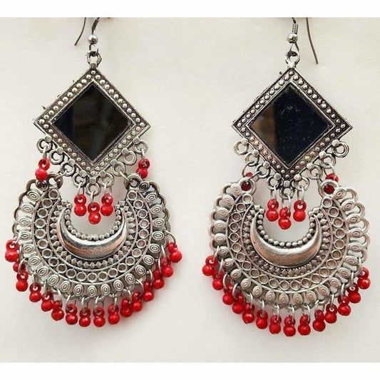 MS Fashion India Latest Trendy Chandbali Red Pearls Long Mirror Half Moon Silver Tone Earrings | Swadesiicart