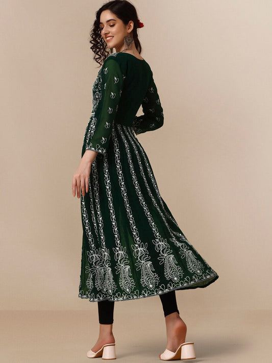 HERE&NOW Ethnic Motifs Embroidered Chikankari Georgette Anarkali Kurta | Swadesiicart