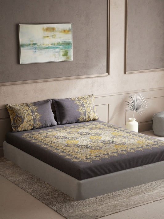 DDecor Grey & Yellow Ethnic Motifs Cotton 140 TC King Bedsheet With 2 Pillow Covers - Swadesiicart