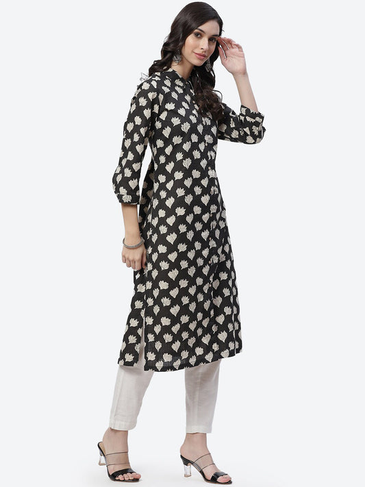 Biba Women Black and White Ethnic Motifs Print Straight Kurta - Swadesiicart