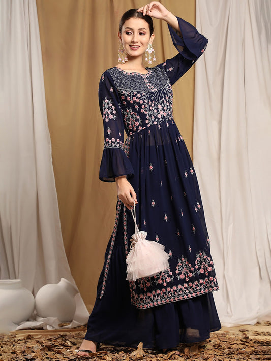Kalini Floral Embroidered Kurta With Sharara | Swadesiicart