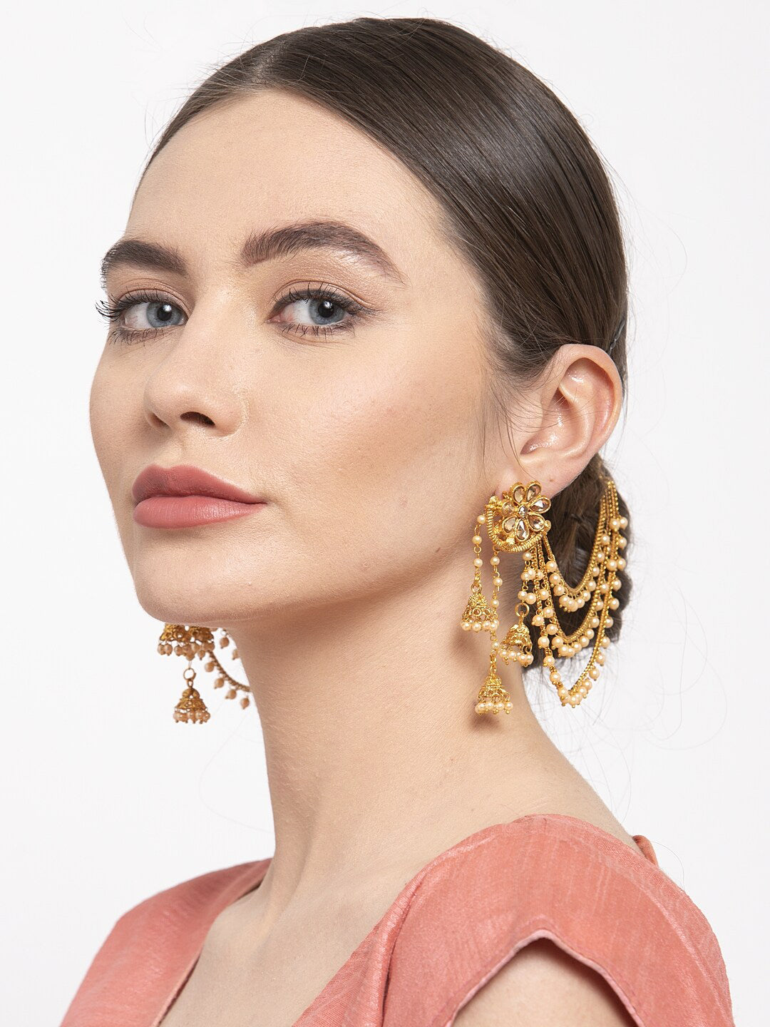 Shining Diva Gold-Polished Taselled Classic Jhumkas | Swadesiicart