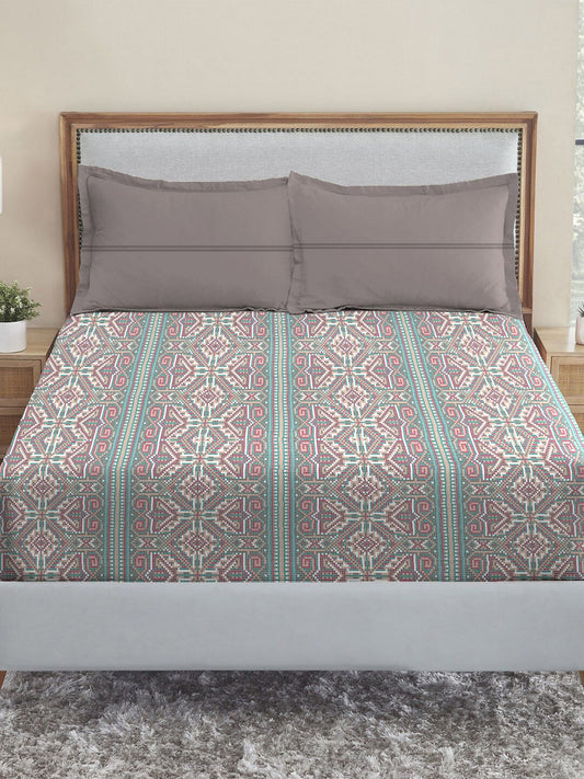 MYTRIDENT Dusk and Dawn Brown Printed Pure Cotton 144 TC Queen Bedsheet Pillow Covers - Swadesiicart