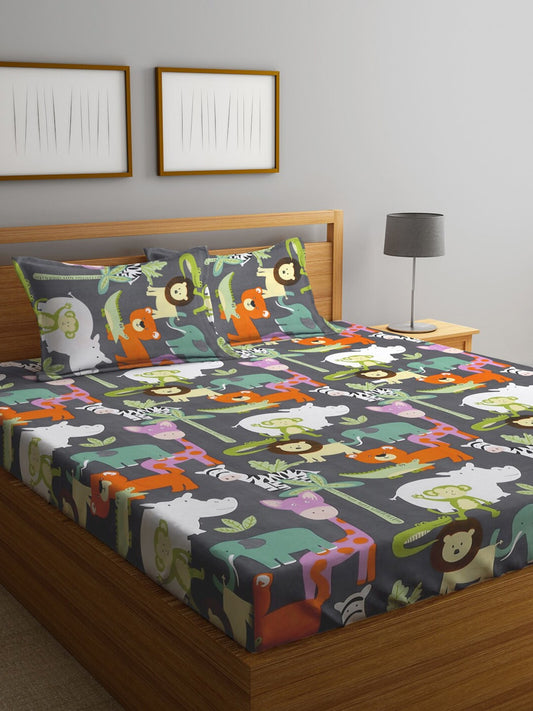 KLOTTHE Grey & Orange Cartoon Character Printed 300 TC King Bedsheet With 2 Pillow covers - Swadesiicart