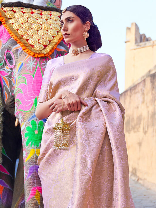 Mitera Lavender & Gold-Toned Woven Design Zari Silk Blend Banarasi Saree | Swadesiicart