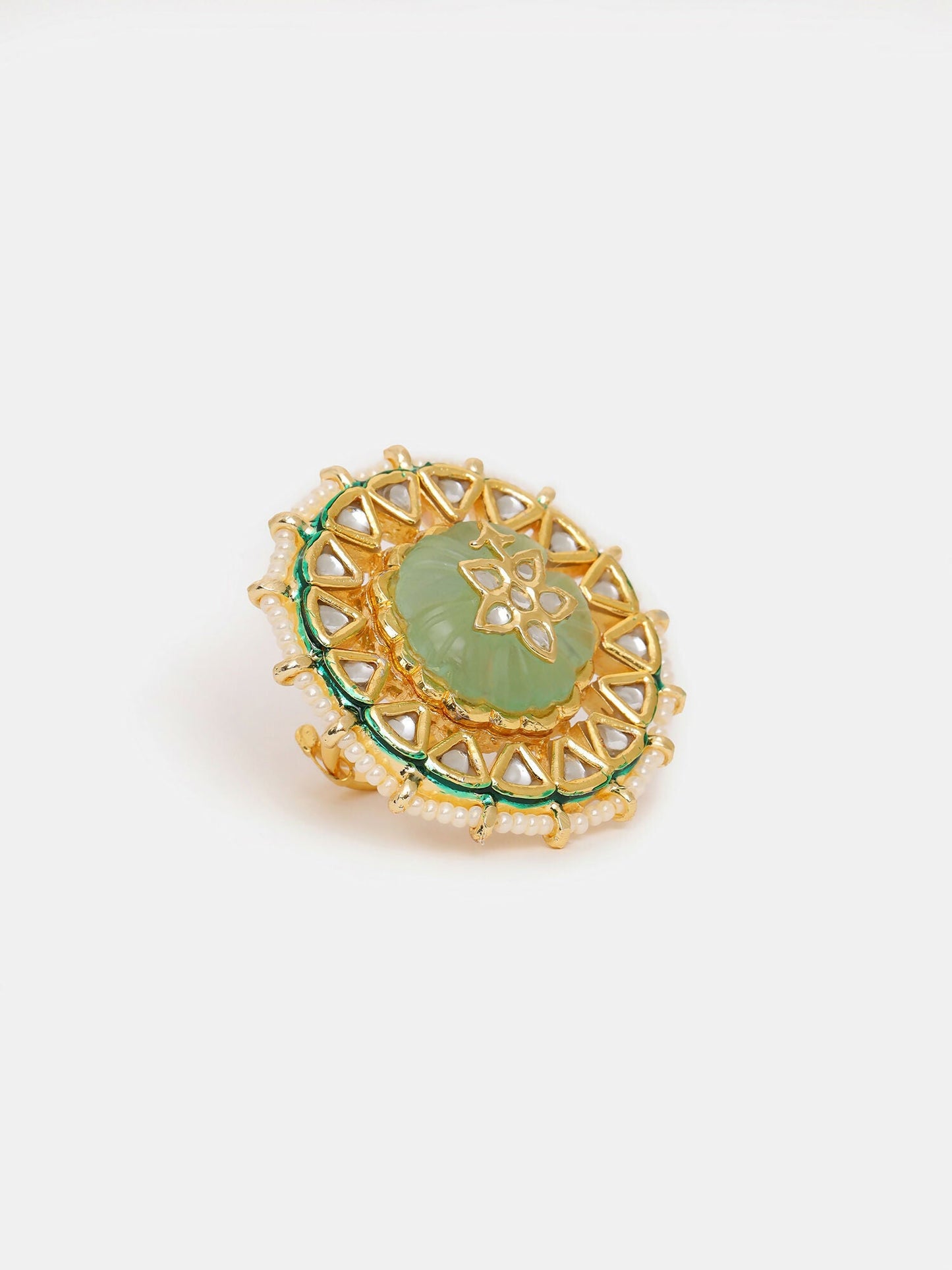 Ruby Raang Gold Polished Green Kundan Cocktail Ring | Swadesiicart