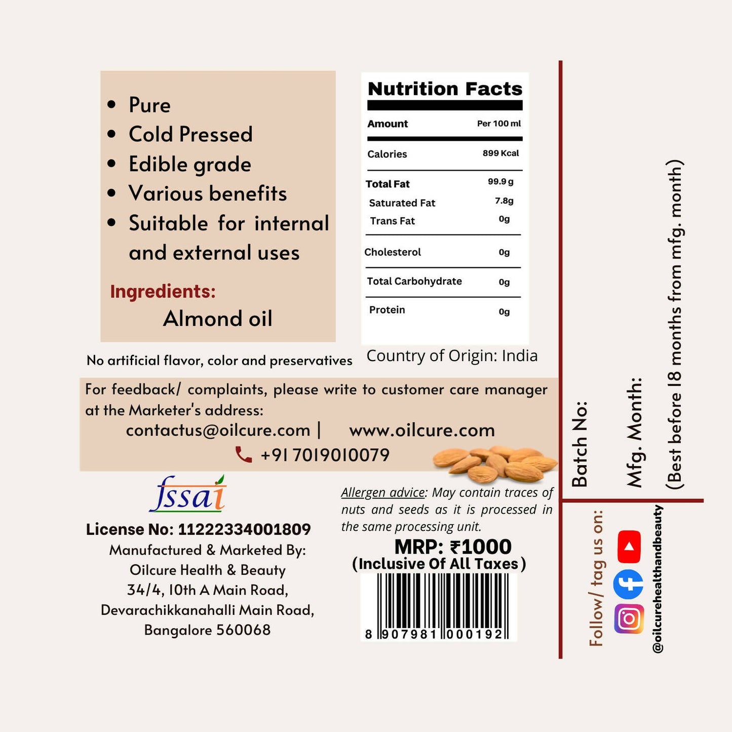 Oilcure Almond Oil Cold Pressed - Swadesiicart