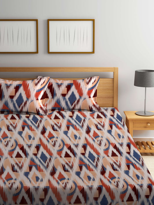 BOMBAY DYEING Marigold Brown Geometric Cotton 104 TC King Bedsheet & 2 Pillow Covers - Swadesiicart