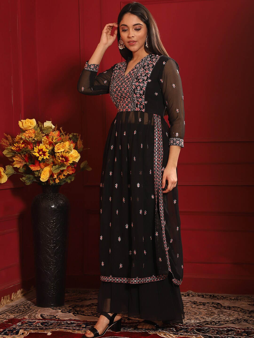 Kalini Embroidered Pleated Thread Work Kurta with Sharara | Swadesiicart