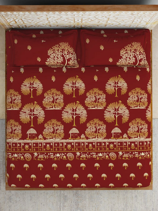 SPACES Red & Yellow Ethnic Motifs Cotton 210 TC King Bedsheet With 2 Pillow Covers - Swadesiicart