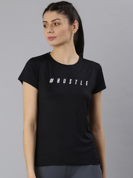 MKH Women Black Typography Printed Dri-FIT Sports T-shirt - Swadesiicart