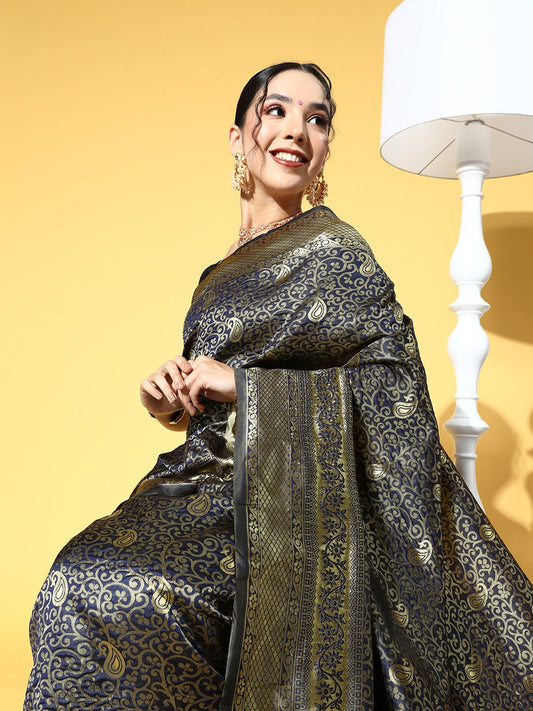 Saree Mall Navy Blue & Gold-Toned Ethnic Motifs Zari Silk Blend Banarasi Sarees | Swadesiicart