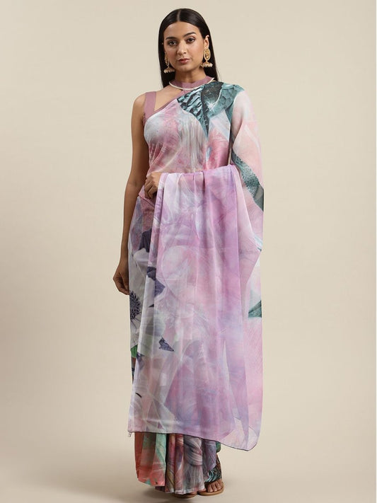 Ahalyaa Women's Lavender Colour Chiffon Digital Print Saree | Swadesiicart