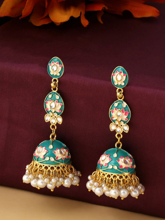 NVR Women Gold-Polished Blue Kundan Jhumkas Earrings | Swadesiicart