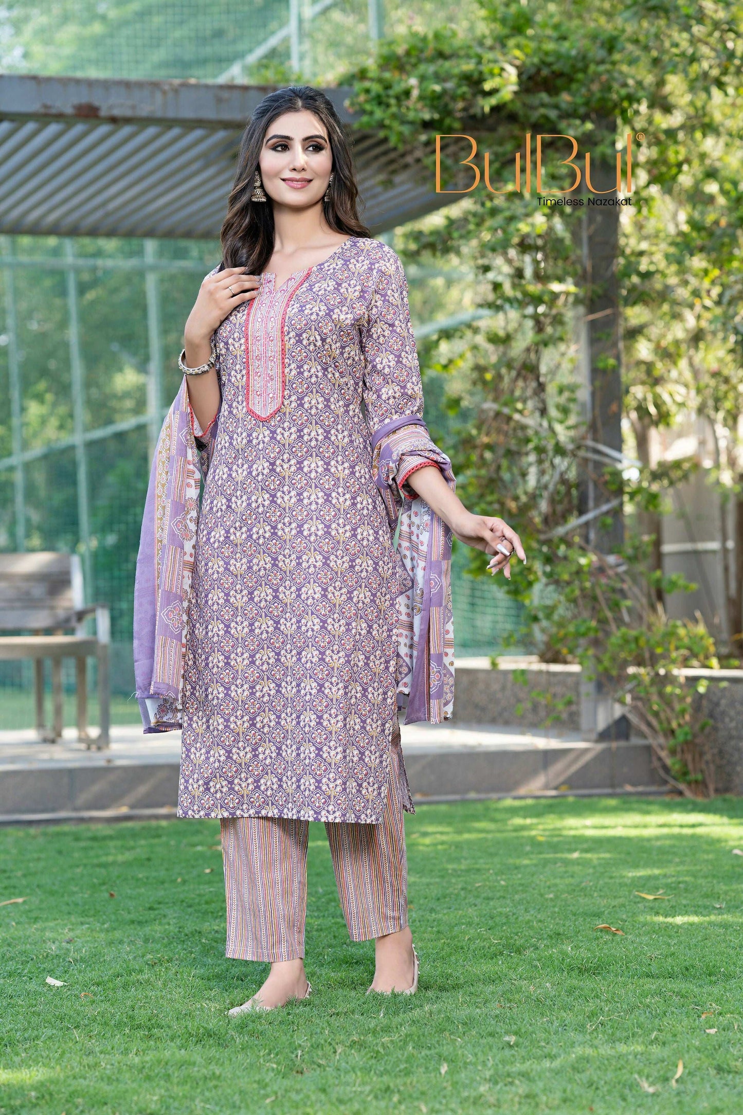 BulBul Fashionista Cotton Purple Kurta Set with Dupatta - Swadesiicart