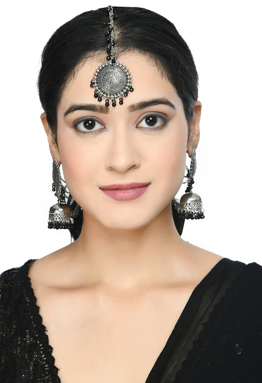 Mominos Fashion Johar Kamal Bahubali Black Beads Earrings With Tikka - Mominos Fashion