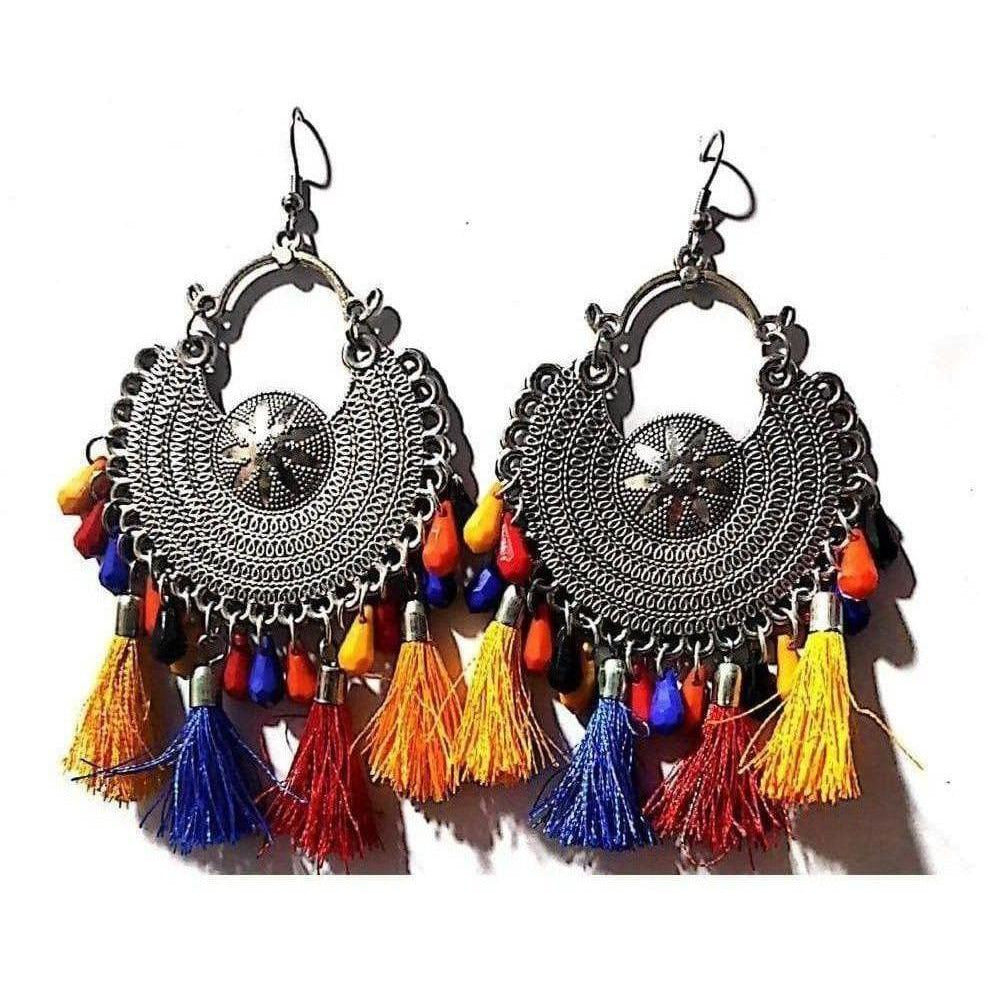 MS Fashion India German Silver Chandbali Earrings With Multi Color Beads And Silk Threads | Swadesiicart