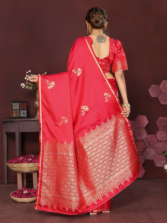 Joban Fashion Reddish Pink Floral Banarasi Silk Sarees | Swadesiicart