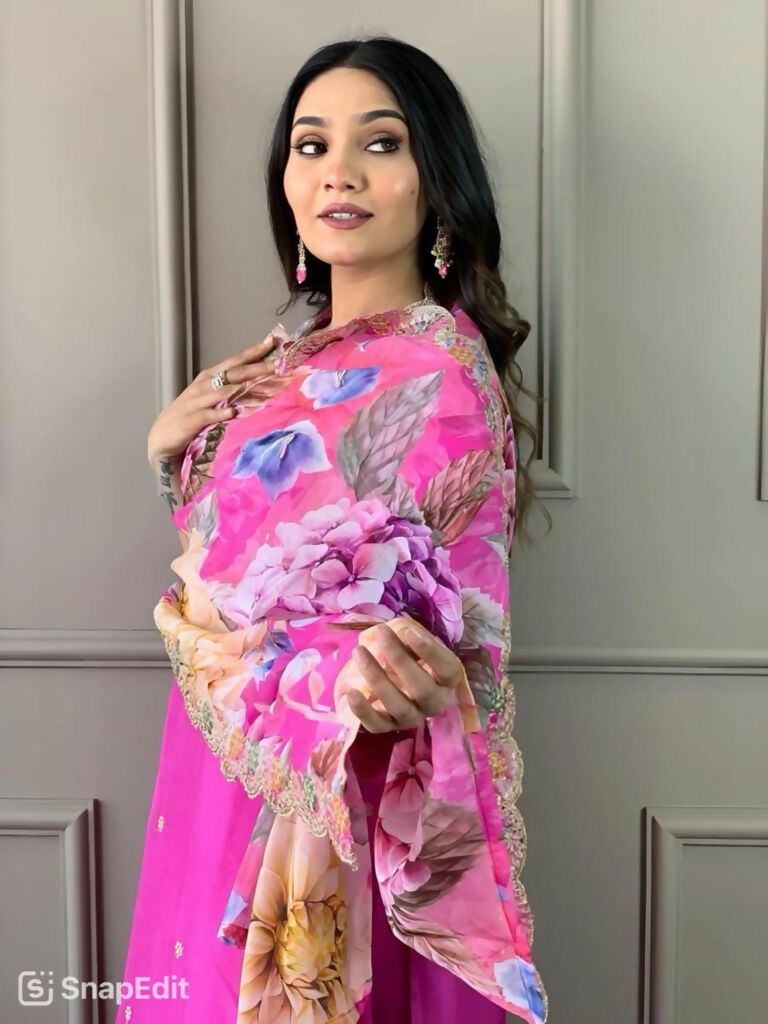Partywear Designer Viscose Chanderi Pink Stitched Suit With Dupatta - Tanisha | Swadesiicart