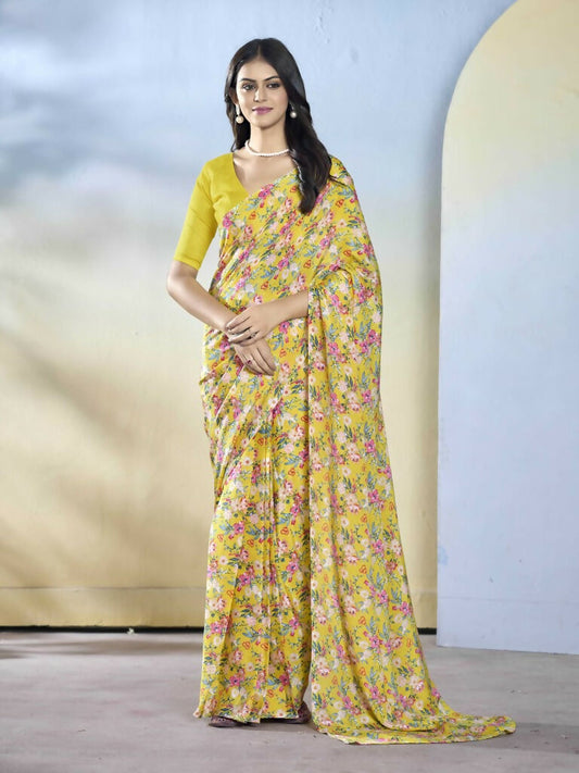 Yellow Georgette Designer Printed Ready to Wear Saree - Samyana | Swadesiicart
