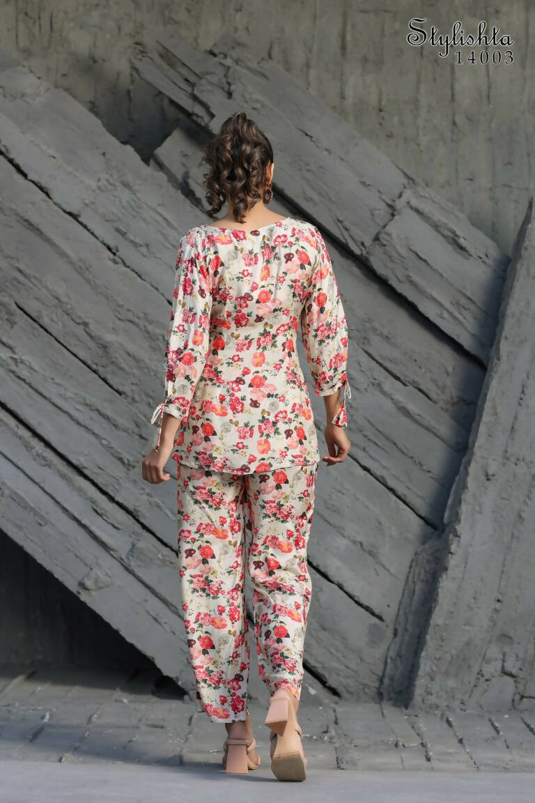 Women's Partywear Designer White & Multi Muslin co-ord set - Stylishta - Swadesiicart