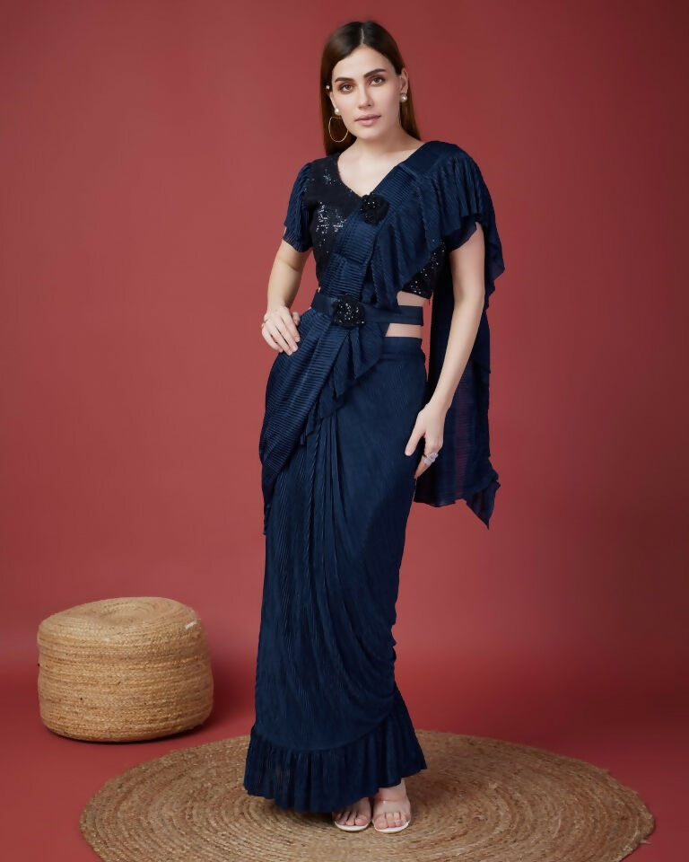 Blue Imported Crush Solid Ready to Wear Saree with stitched Blouse - Aayan | Swadesiicart