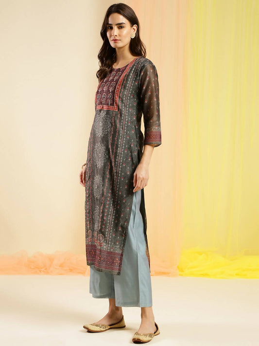 Dark Green Chinon Digital Printed With Hand Work Kurta - Himanshi - Swadesiicart