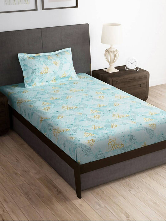 Story@home Arena Blue & Gold-Toned Printed 180 TC Bedsheet & Pillow Covers - Swadesiicart