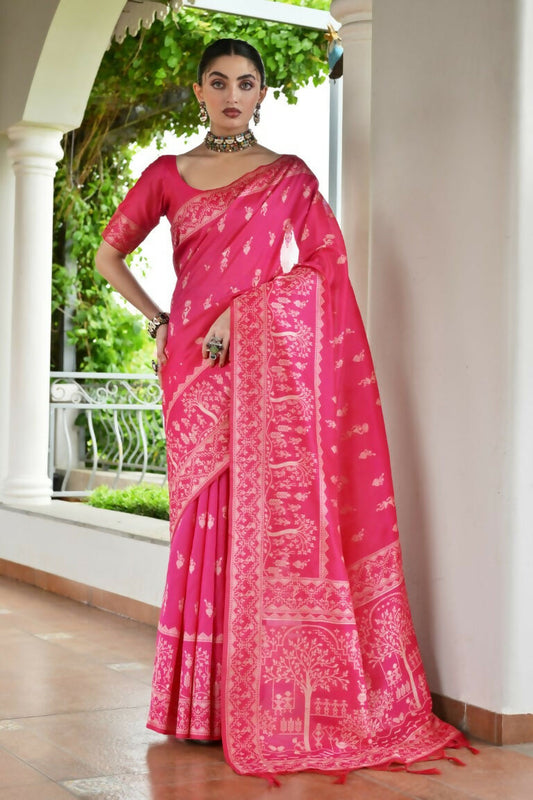 Vishnu Weaves Women's Rani Handloom Raw Silk Thread Weaving Saree with Blouse - Swadesiicart