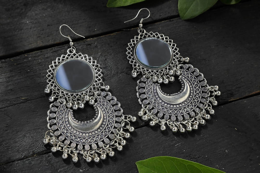 Mominos Fashion Johar Kamal Silver Oxidised Mirror Chandbali Earrings - Swadesiicart