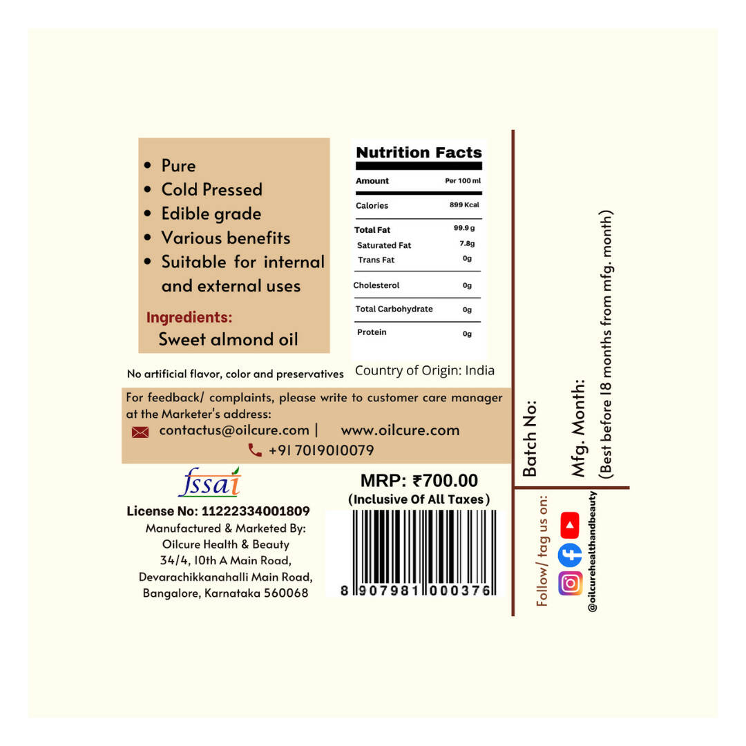 Oilcure Sweet Almond Oil Cold Pressed - Swadesiicart