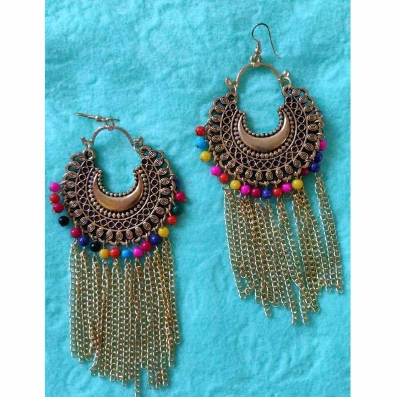 MS Fashion India Hanging Chains Gold-Polished Chandbali Multi Color Pearls Party Wear Earrings | Swadesiicart