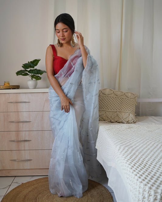 Vamsee Vika 9Mm Sky Organza Saree - Swadesiicart