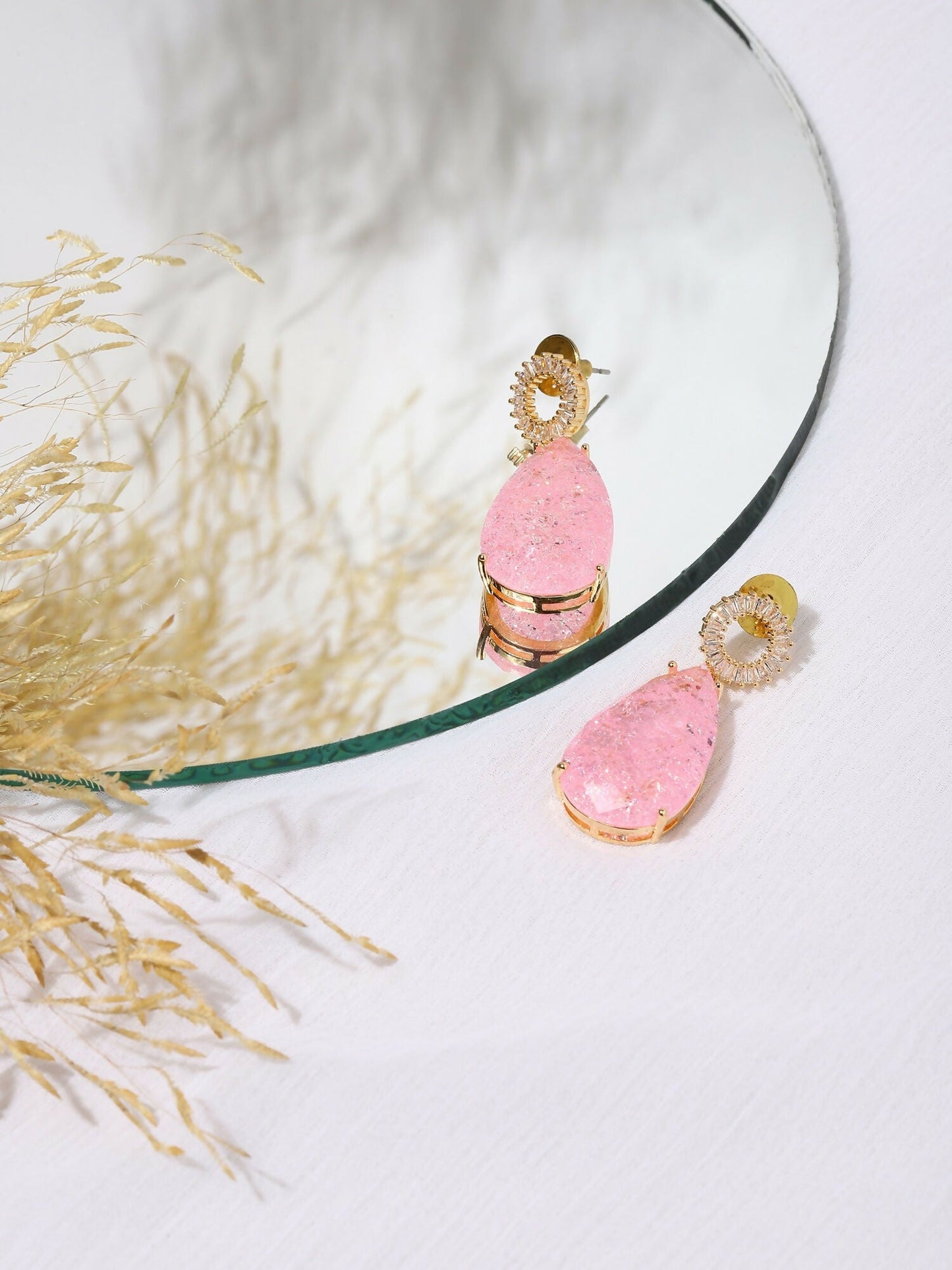 Pink Druzy Quartz & Diamonds Earrings- Ruby Raang